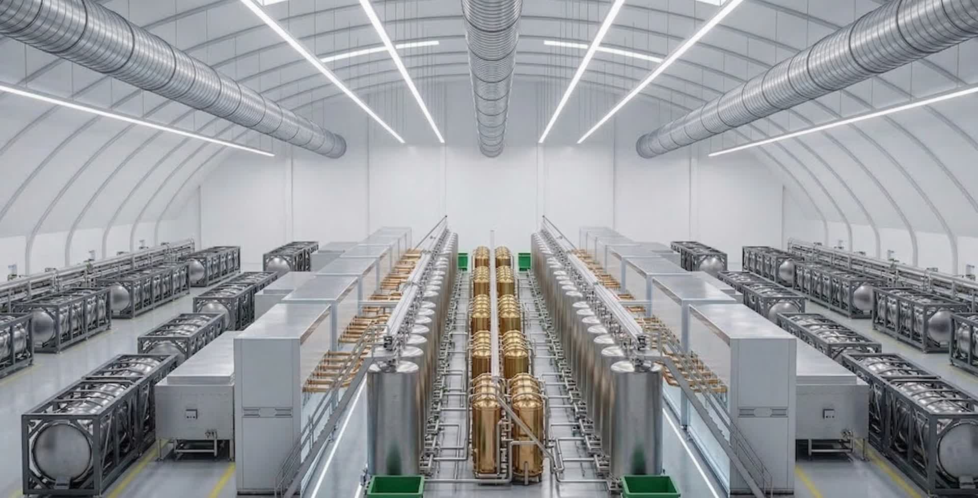 Carbotura ACM Manufacturing Center — Recyclotron reactor columns inside a modular factory